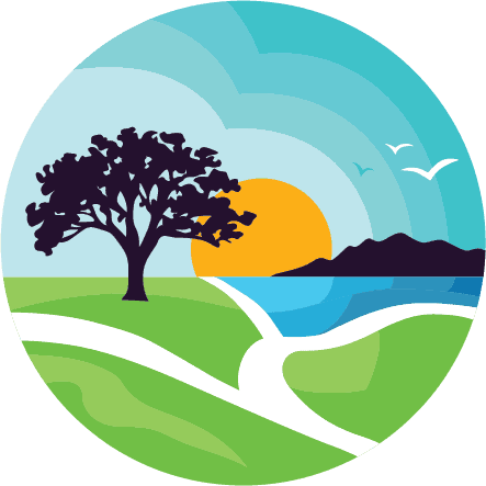 The GPC Icon, a round badge illustration depicting green fields with a windy pathway through them in the foreground, and silhouetted mountains and the ocean, with the sun at the horizon line.