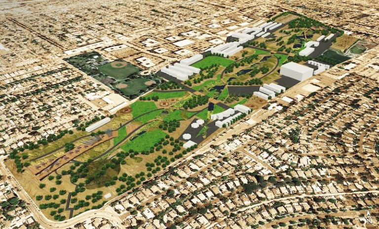 An aerial view of a rendering of the Great Park.
