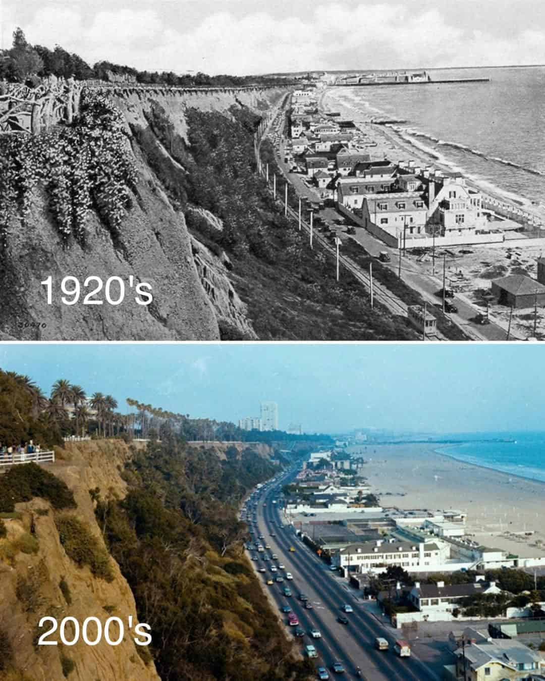 Two images of Santa Monica's shoreline, looking south from Palisades Park.