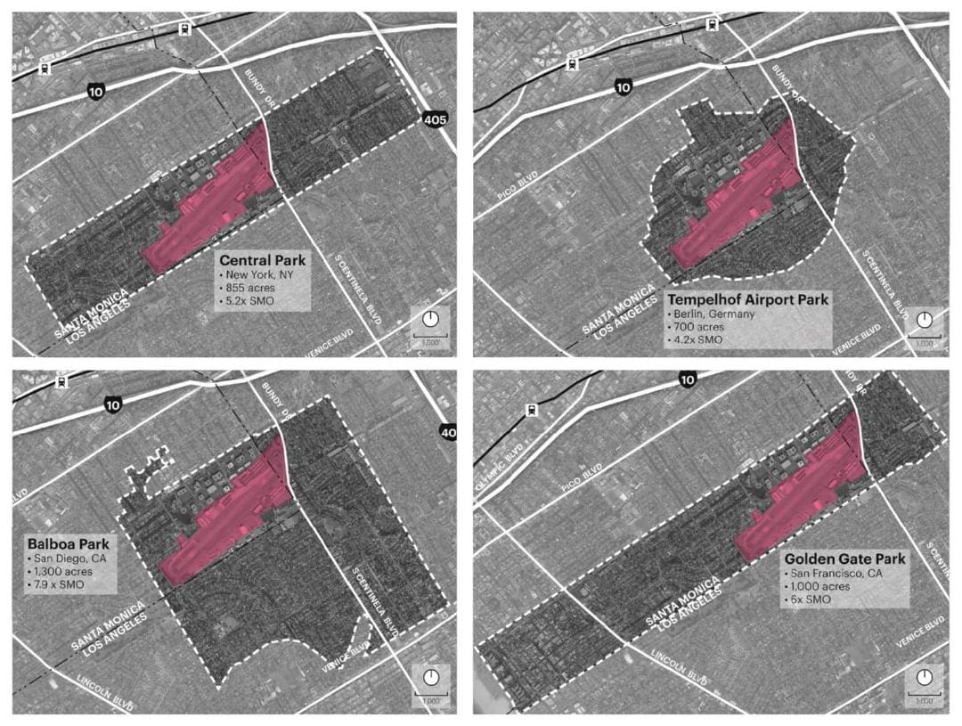 A grid of four maps, showing other parks - Central Park, Templehof , Balboa Park, and Golden Gate Park - overlaid on the same area as Santa Monica Airport site - showing relative sizes. 