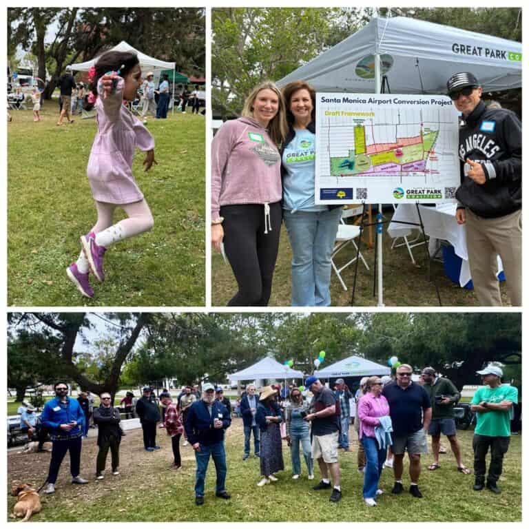 Collage of a girl skipping in the grass, GPC members showing off the Draft Framework, and a wide angle of photo of community members socializing at the picnic.