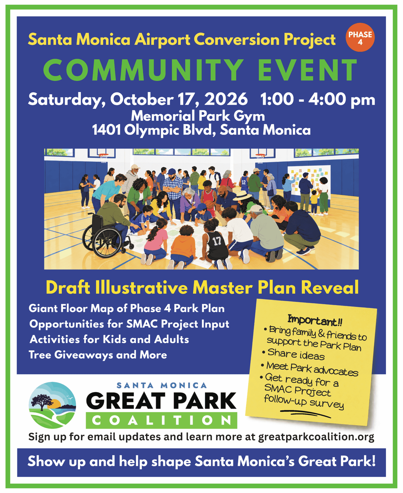 Ad for the Santa Monica Airport Conversion Project community event and Draft Illustrative Master Plan reveal, Saturday, October 17, 2026, 1 to 4 p.m. at Memorial Park Gym. Illustration of families gathered around a giant floor map of the park plan.